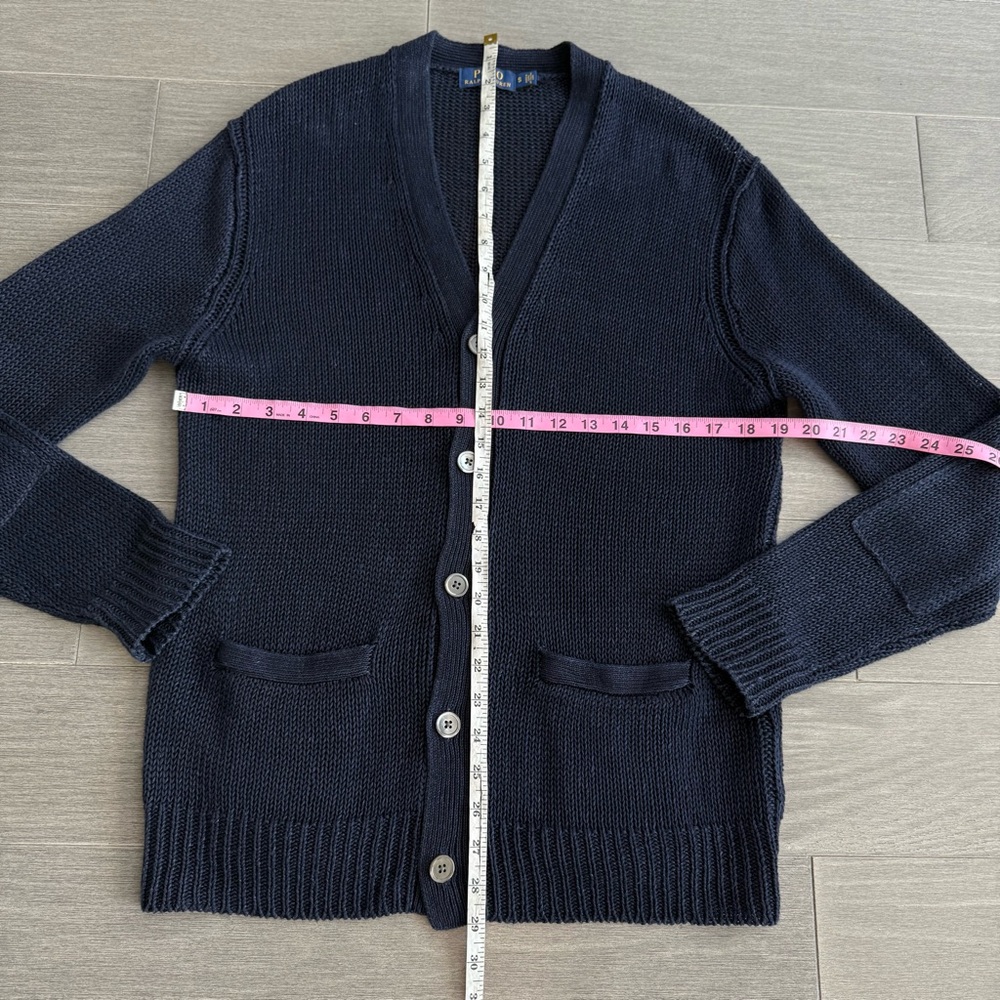 POLO RALPH LAUREN LINEN CARDIGAN SWEATER NAVY BLUE S OPEN CHUNKY KNIT V-NECK - Picture 13 of 14